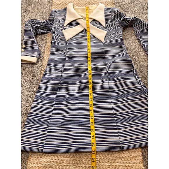 Vintage Sue Brett Mod Mini Dress Blue White Striped Bow Collar Long Sleeve 60s - Picture 8 of 9